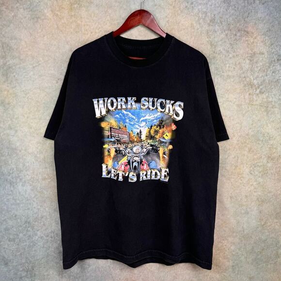 Y2K Work Sucks Lets Ride Biker T Shirt Sz XL Black Cabot Trail Canada - Picture 1 of 6